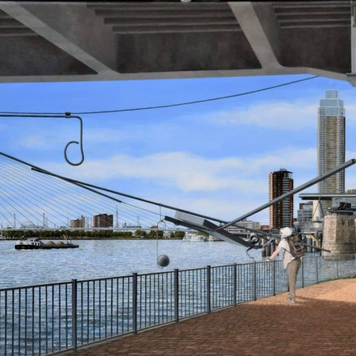 2023-jan.-Hans-de-Heus-ode-aan-Auke-de-Vries-De-maas-vanonder-de-Willemsbrug-acryl-opdoek-80x160-cm